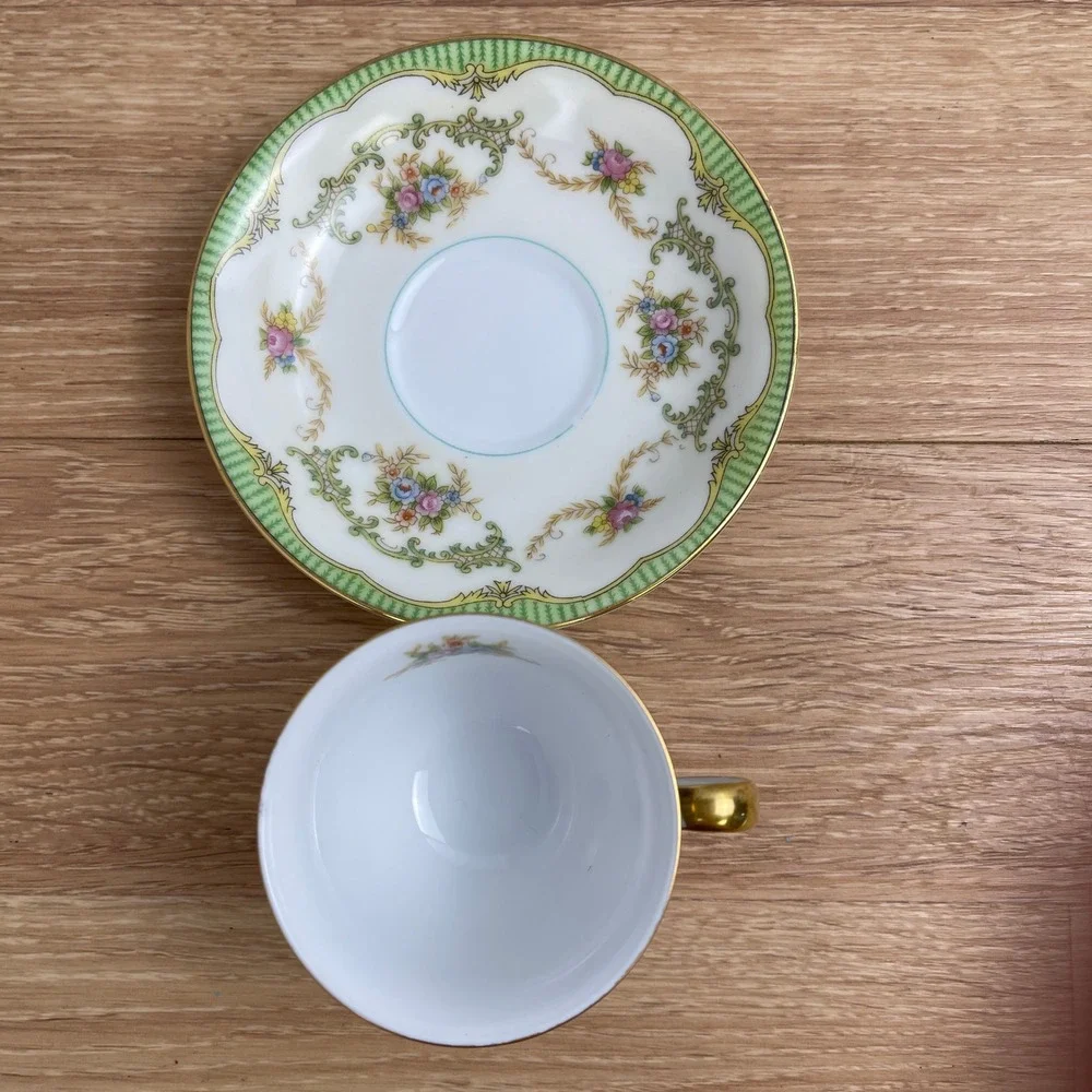 Noritake Marlene Demitasse Cup and Saucer Set Green Lattice Floral Gold Japan